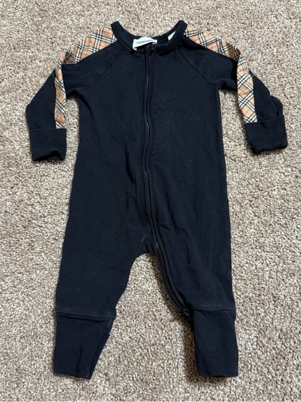 Burberry Vintage Check Panel Cotton Zip Romper Baby 3M Black